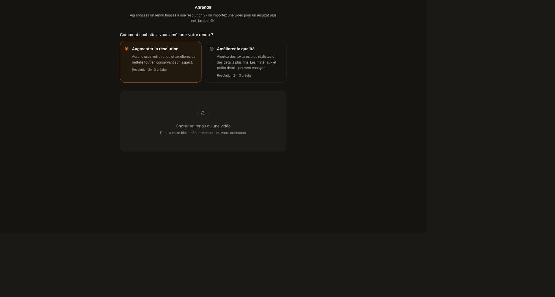 Interface d’amélioration des images en français avec les options Augmenter la résolution et Améliorer la qualité au-dessus de la zone d’importation.