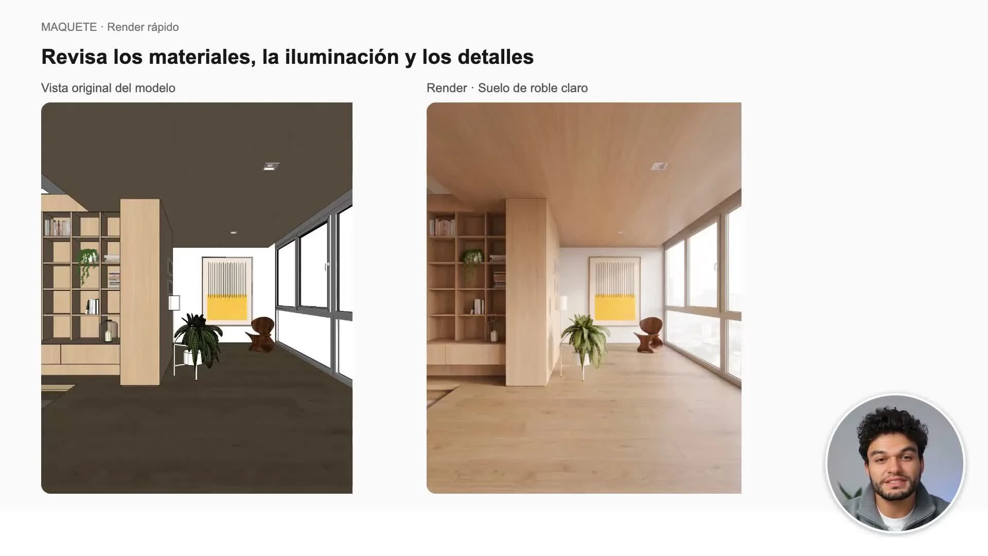 Render rápido reúne la subida, las referencias y los controles de iluminación.