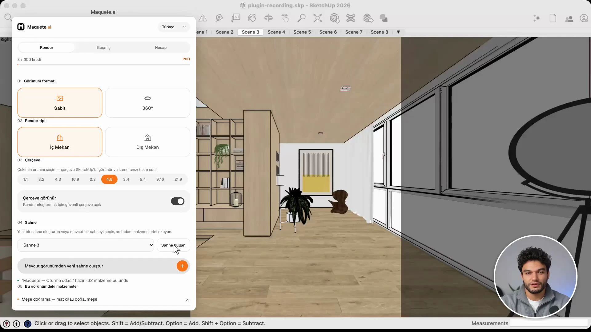 Renderdan önce SketchUp sahnesinden alınan malzemeleri inceleyin.