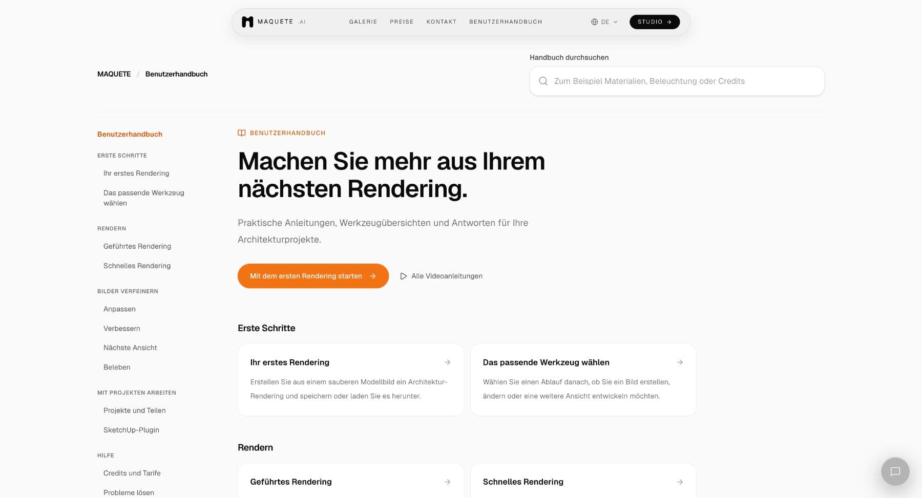 Deutsche Startseite des Benutzerhandbuchs mit Suche, Einstiegslink und nach Themen gruppierten Artikeln.