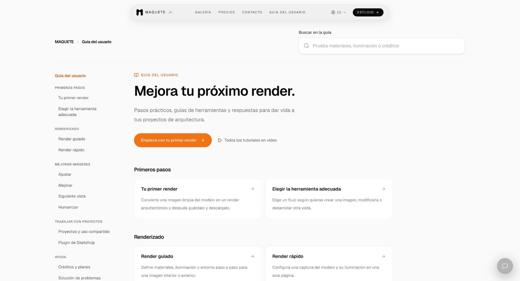 Inicio de la Guía del usuario en español con búsqueda, enlace de primeros pasos y artículos agrupados.