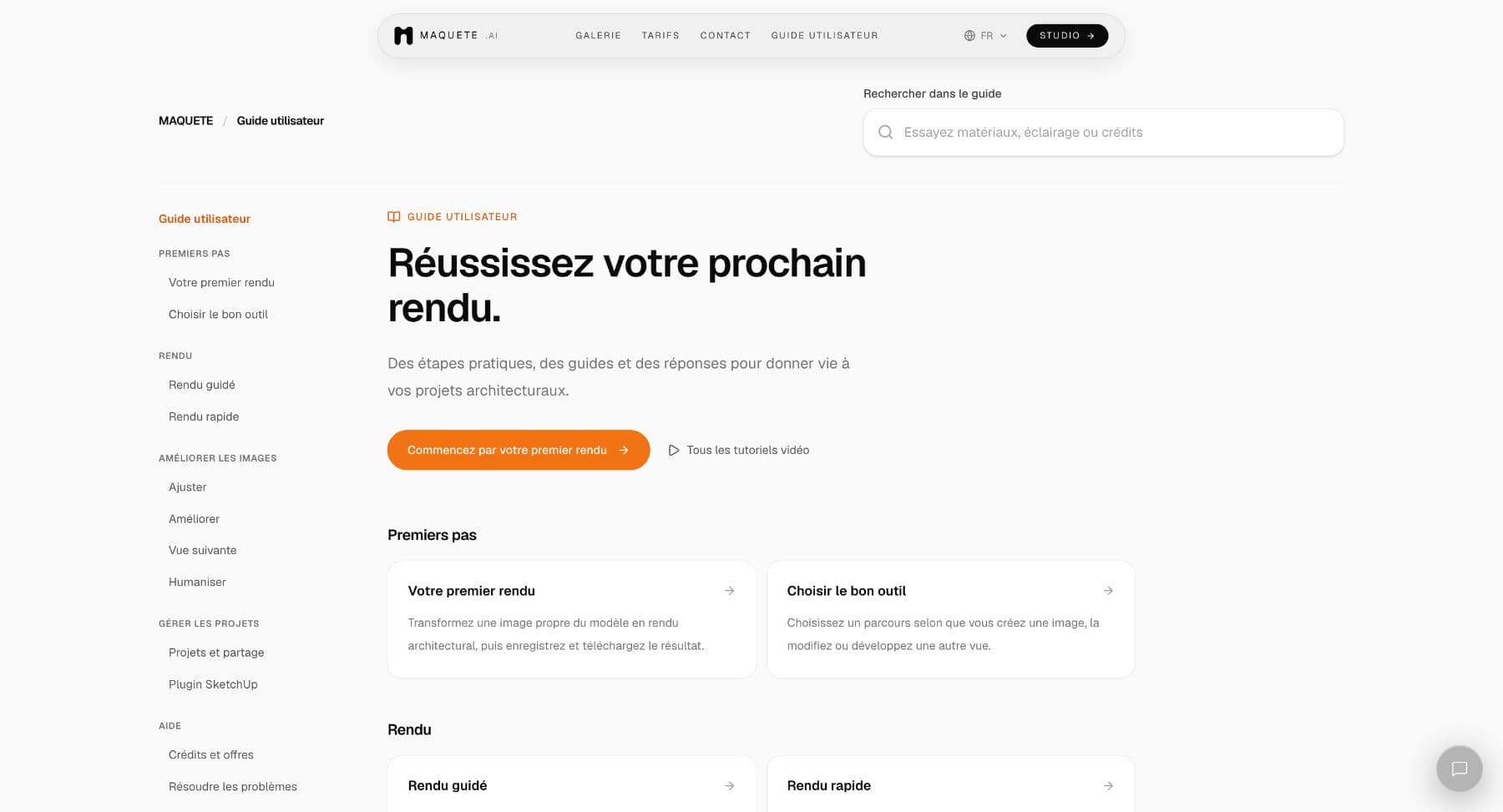 Accueil du Guide utilisateur en français avec recherche, lien pour commencer et articles regroupés par thème.