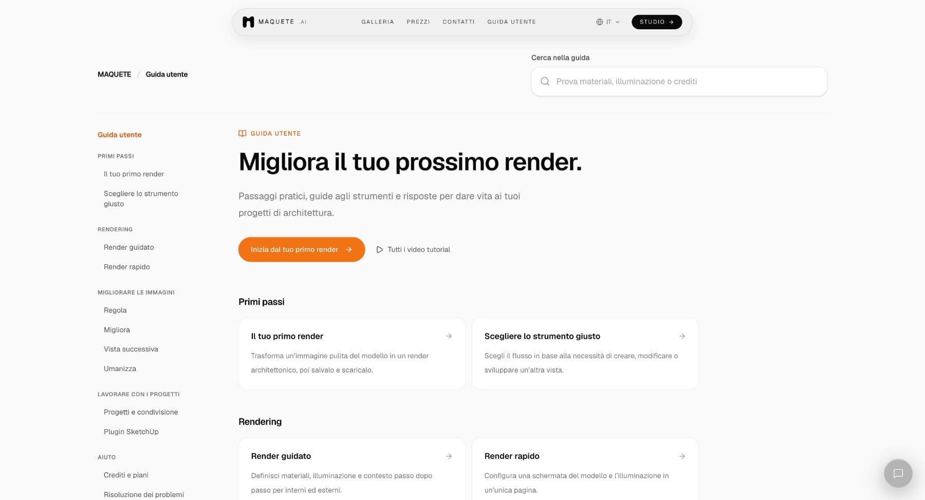 Pagina iniziale della Guida utente in italiano con ricerca, link per iniziare e articoli raggruppati.