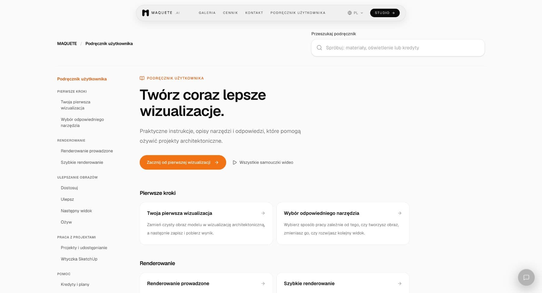Polska strona główna Przewodnika użytkownika z wyszukiwarką, linkiem na początek i artykułami pogrupowanymi tematycznie.