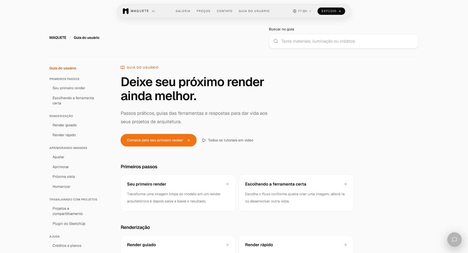 Página inicial do Guia do usuário em português, com busca, link Comece aqui e artigos agrupados.