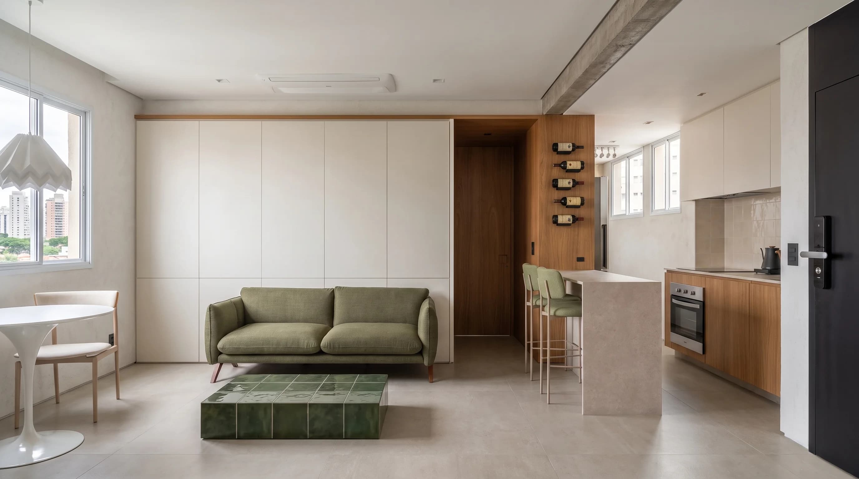 Living room and kitchen view in Apartment LNC
