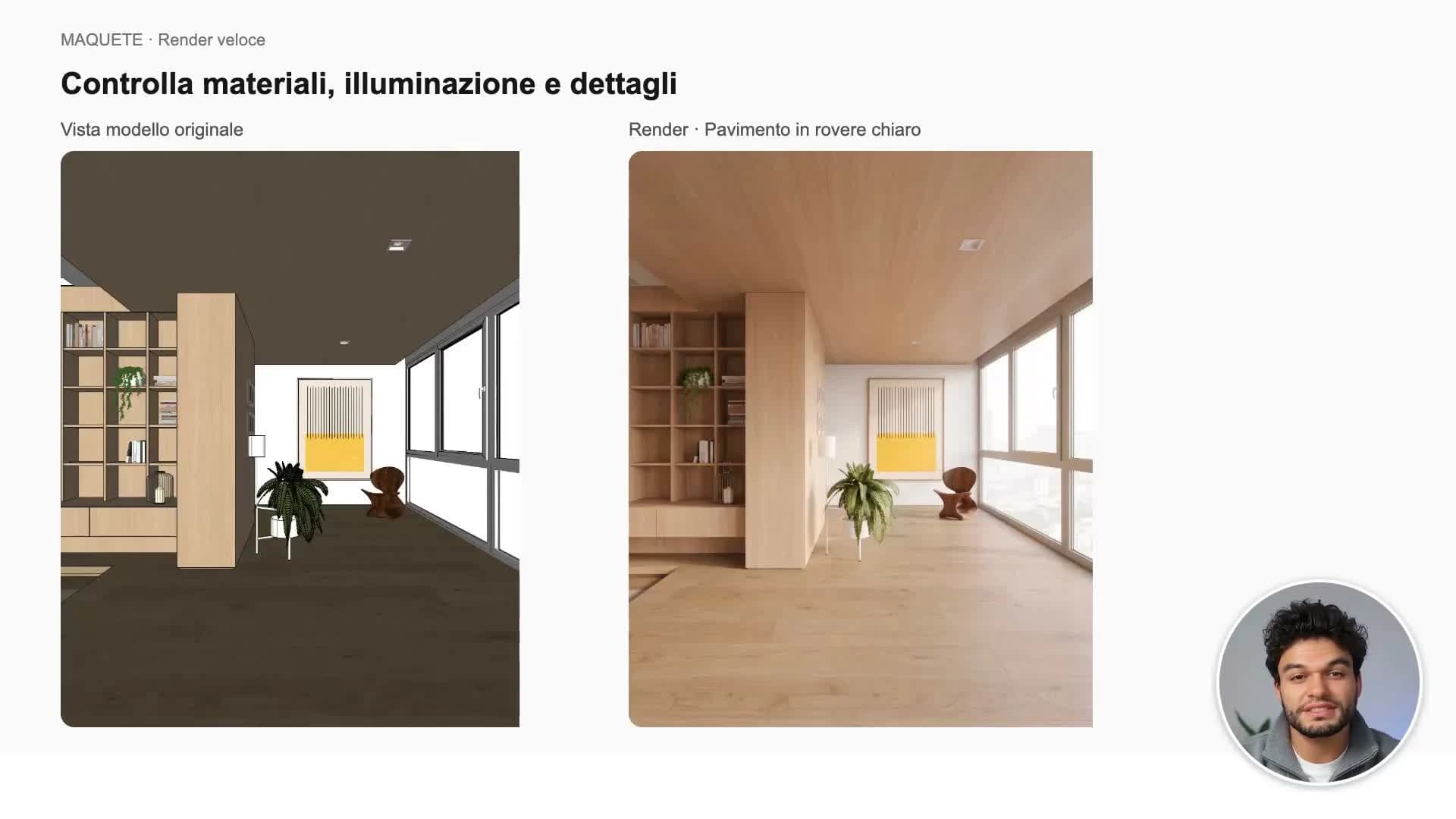 Render rapido riunisce caricamento, riferimenti e controlli della luce.