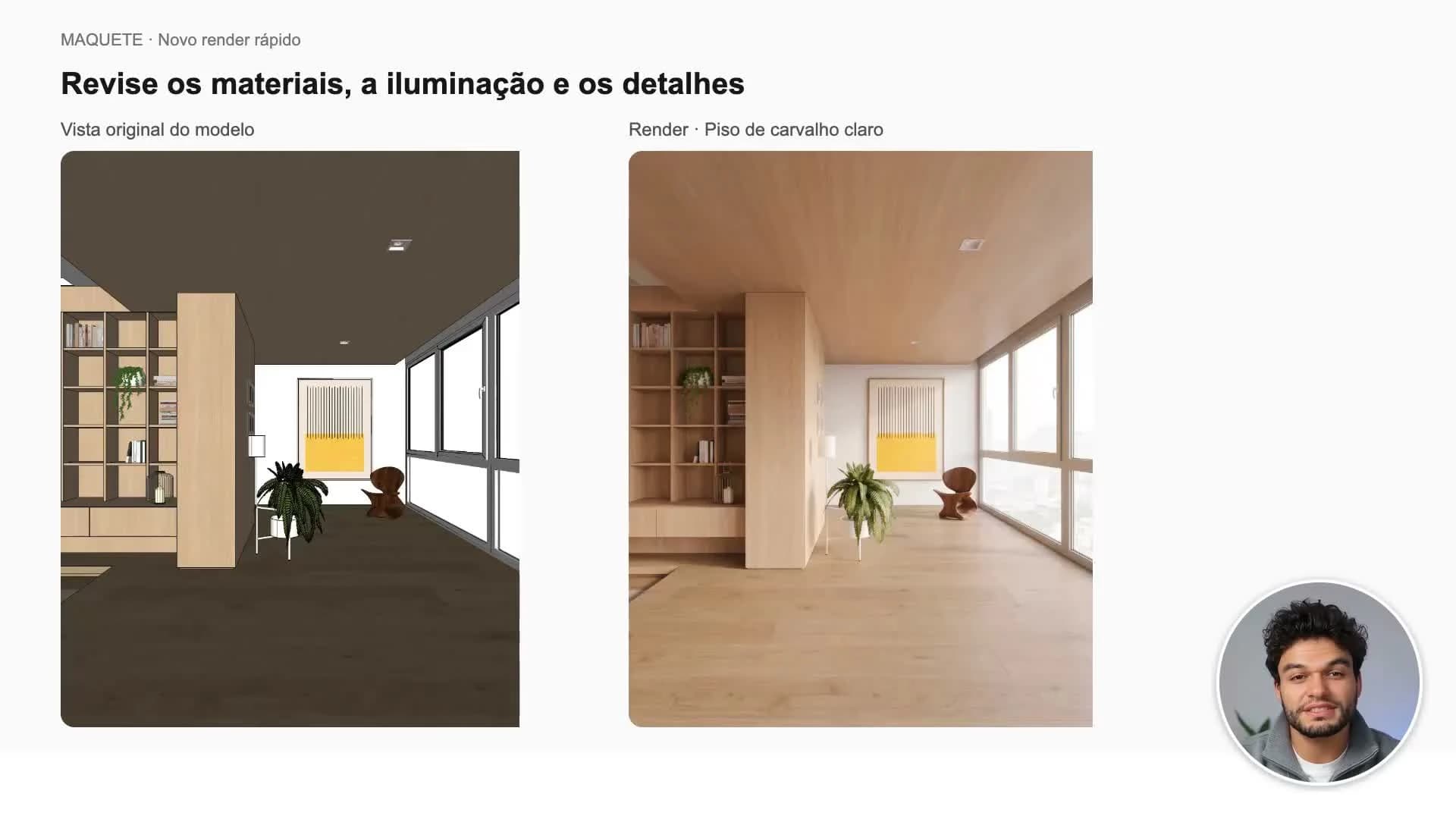 O Render rápido reúne envio da imagem, referências e controles de iluminação.