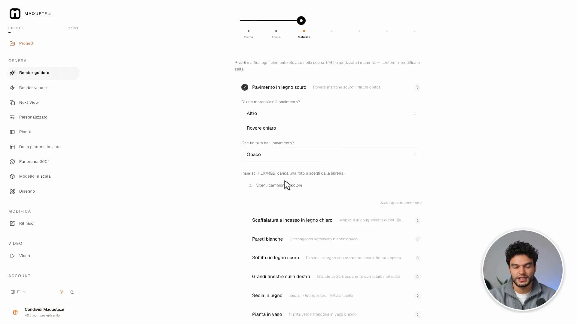 Controlla le superfici rilevate e specifica le finiture importanti.
