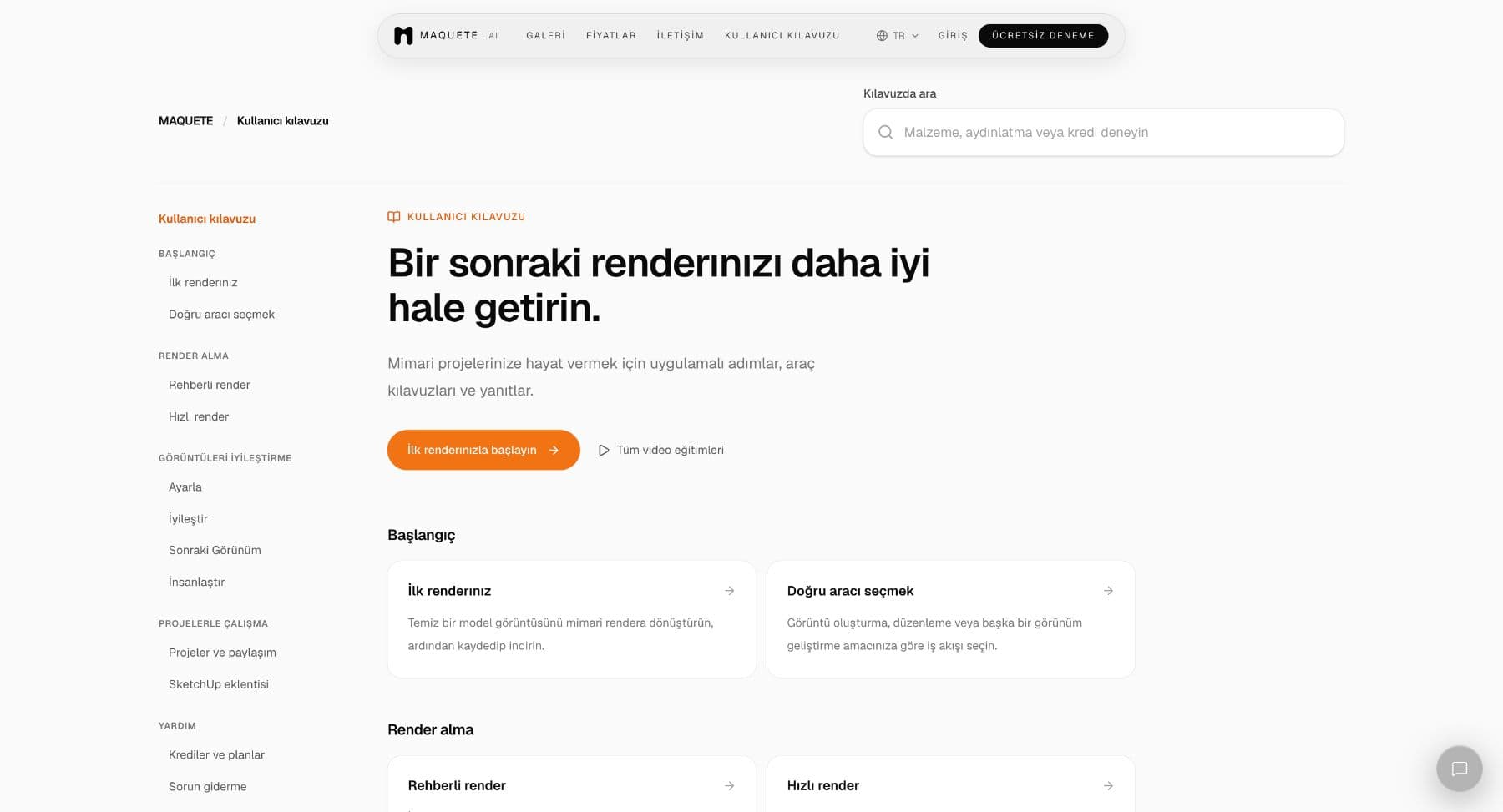 Arama, başlangıç bağlantısı ve konulara göre gruplandırılmış makaleler içeren Türkçe Kullanım Kılavuzu ana sayfası.