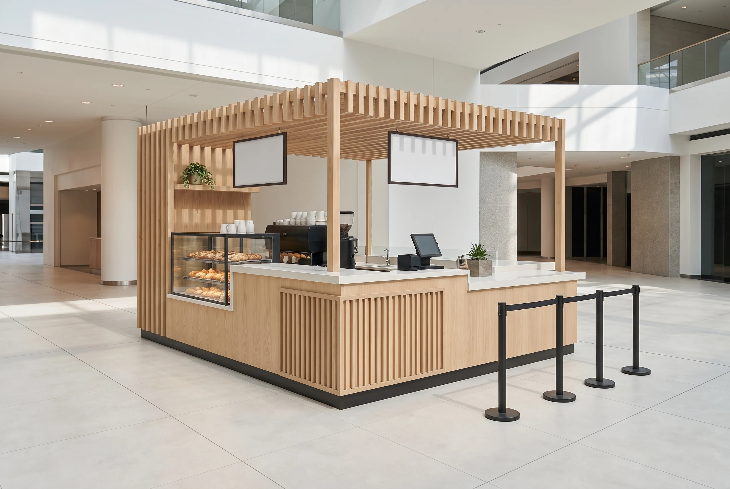 Quiosque renderizado com a Maquete: Quiosque de café em madeira em um shopping