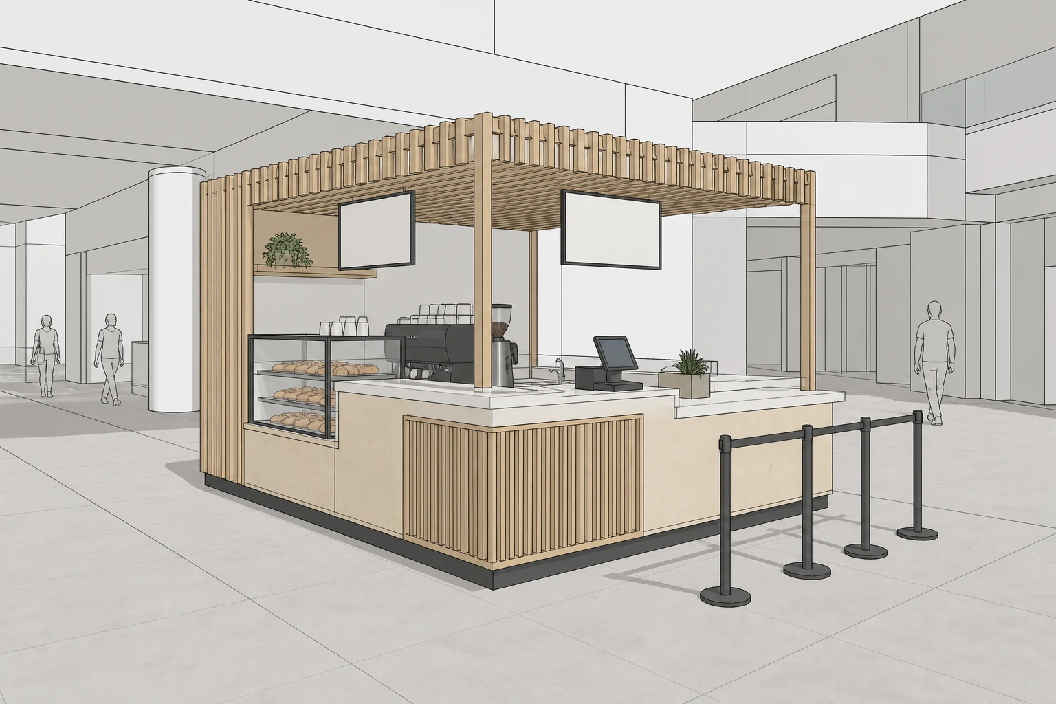 Modelo fictício de quiosque estilo SketchUp: Quiosque de café em madeira em um shopping