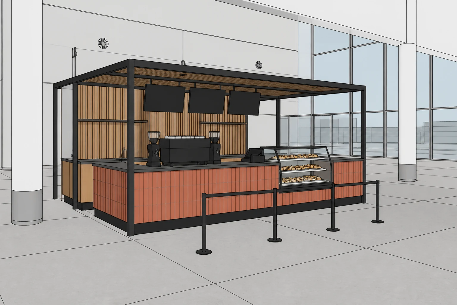 Modelo fictício de quiosque estilo SketchUp: Cafeteria em terracota em um átrio envidraçado