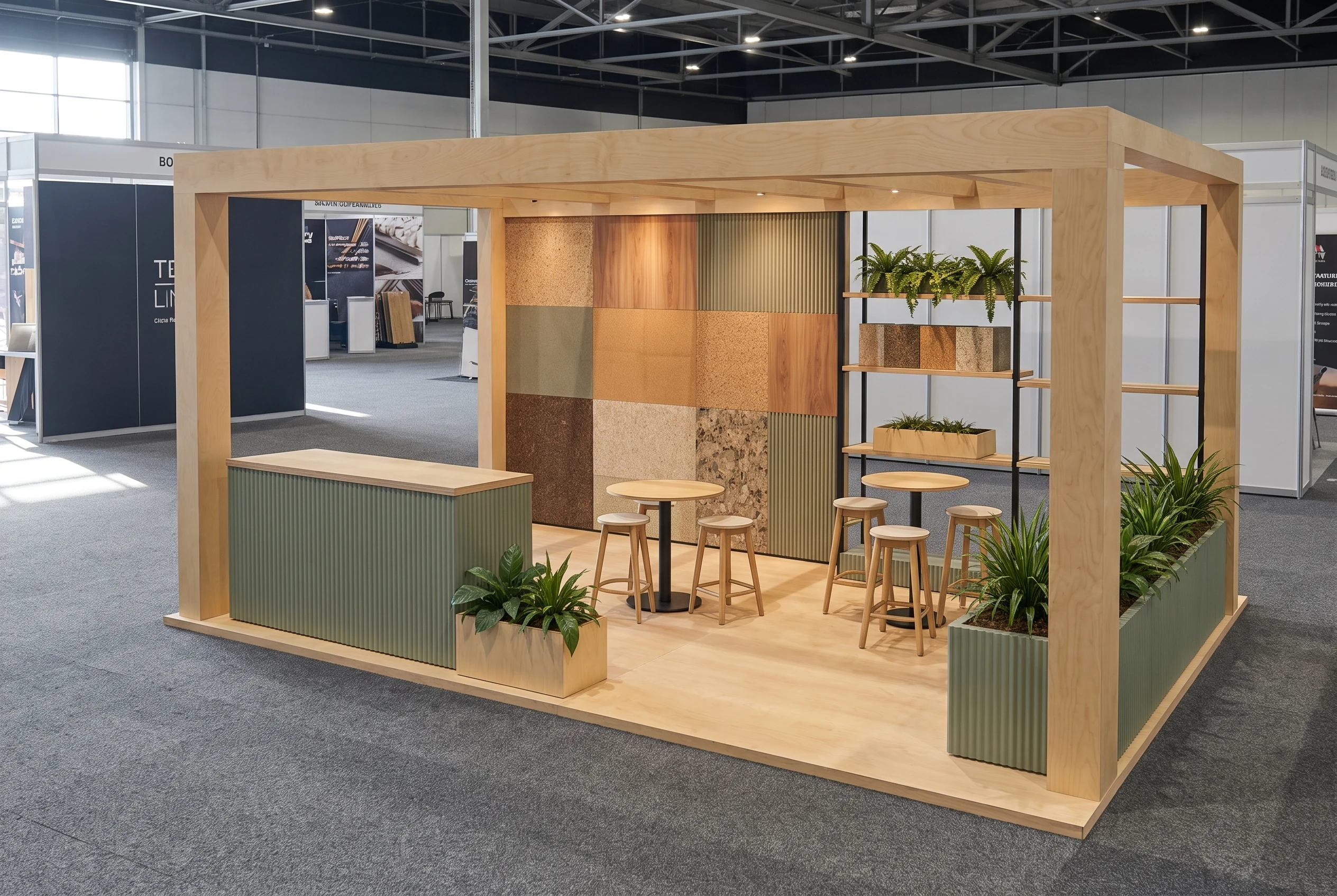 Stand renderizado con Maquete: Stand de materiales sostenibles
