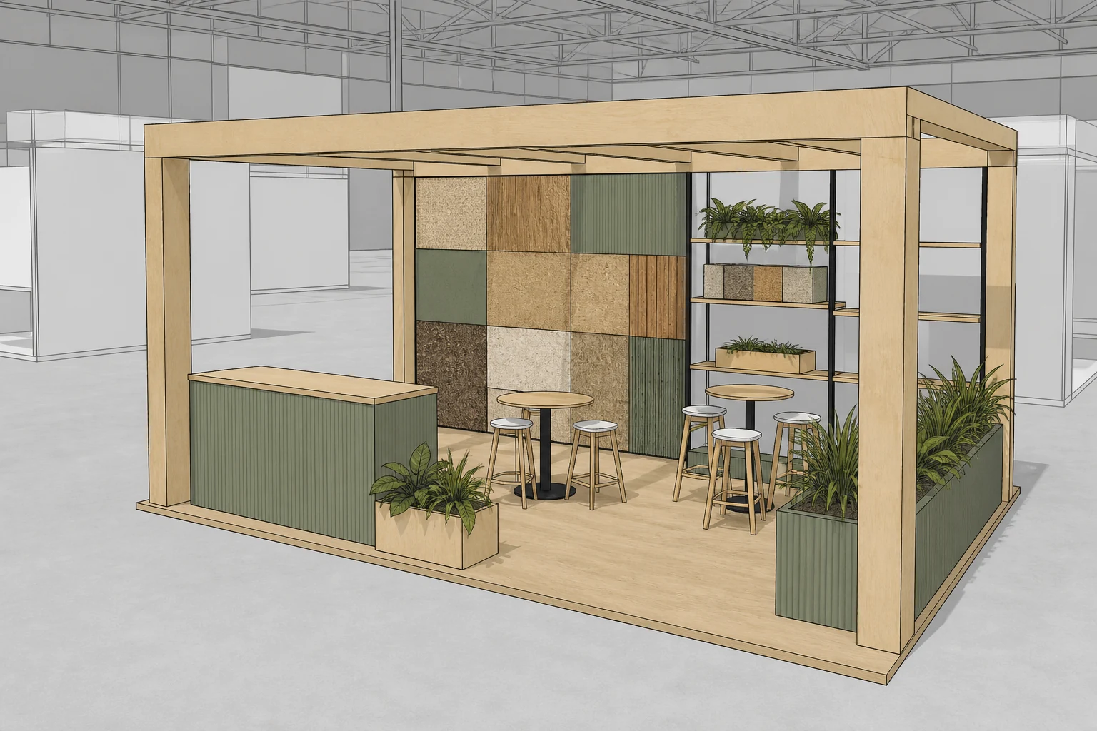 Modelo ficticio de stand estilo SketchUp: Stand de materiales sostenibles