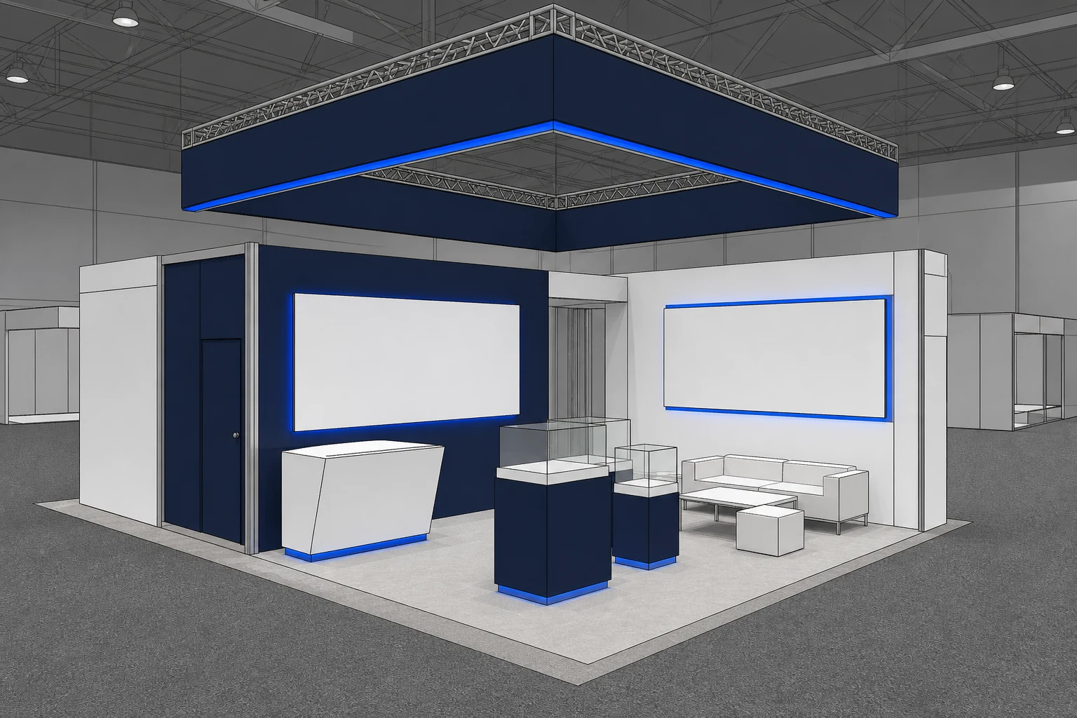 Modelo ficticio de stand estilo SketchUp: Stand tecnológico con pantallas iluminadas